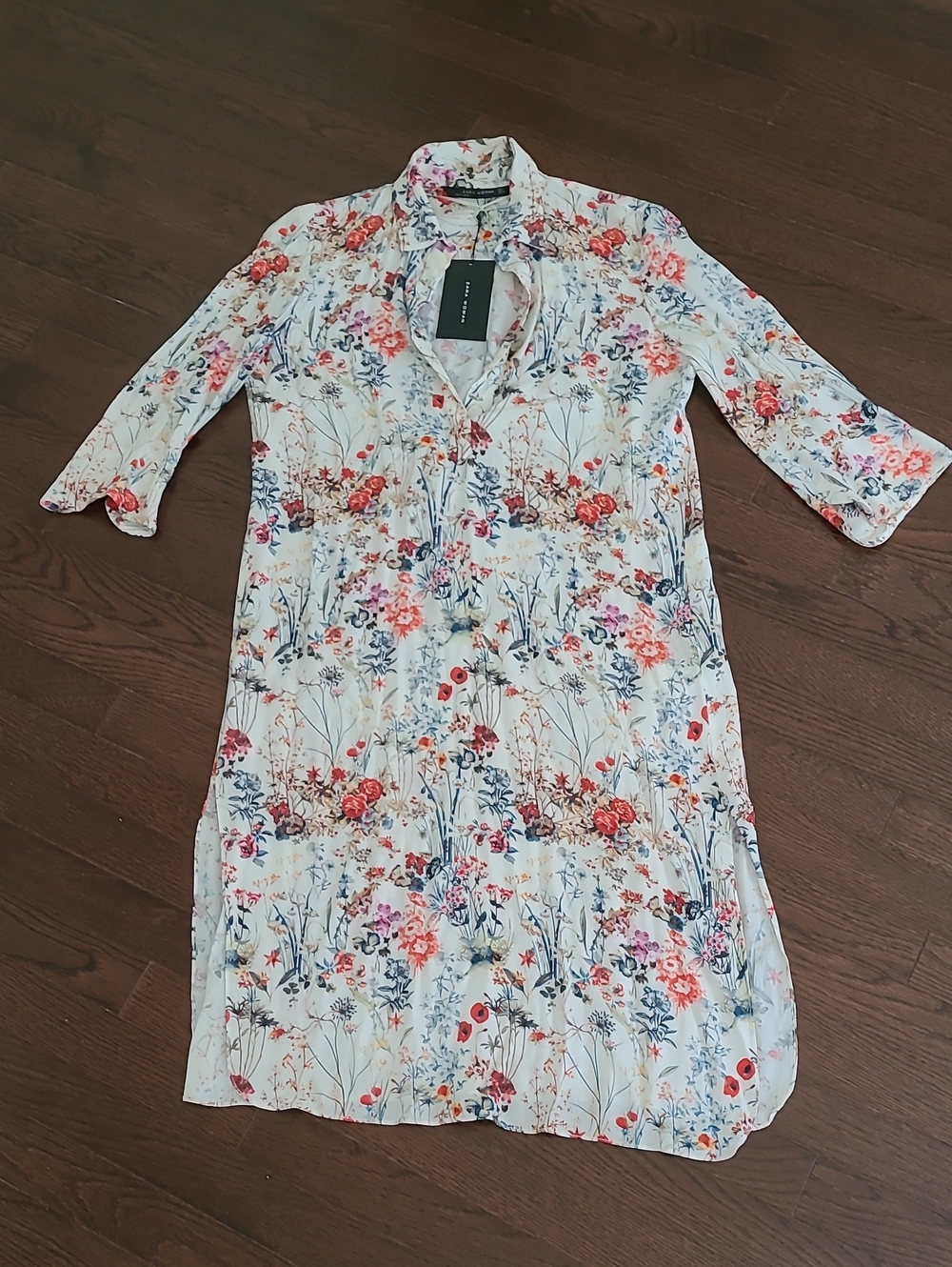 NWT Zara White Floral Tunic Midi Shirt Dress with Floral Print Sz M